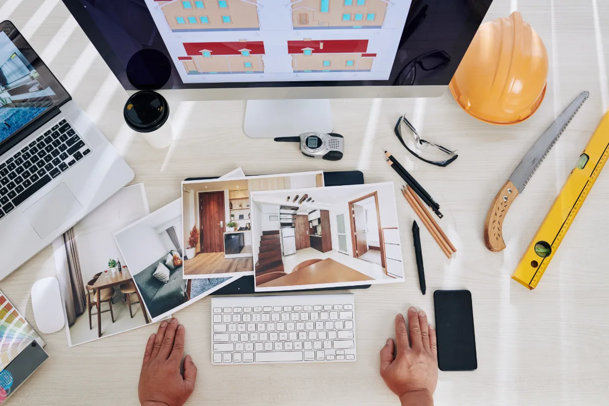 Diseñador de interiores baraja opciones para propuesta a clientes sobre unas reformas integrales para mejorar la tasación de un inmueble.